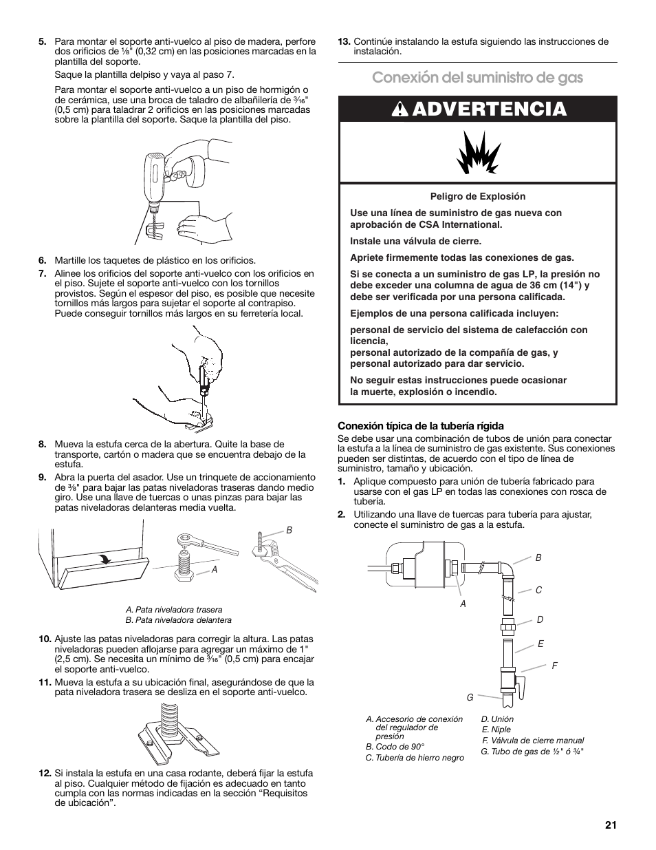 Advertencia, Conexión del suministro de gas | Estate TGP305T User Manual | Page 21 / 28