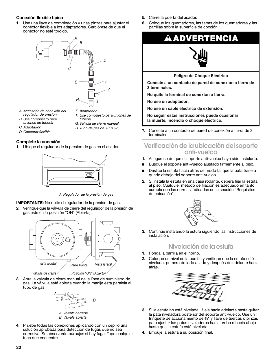 Advertencia, Nivelación de la estufa | Estate TGP305T User Manual | Page 22 / 28