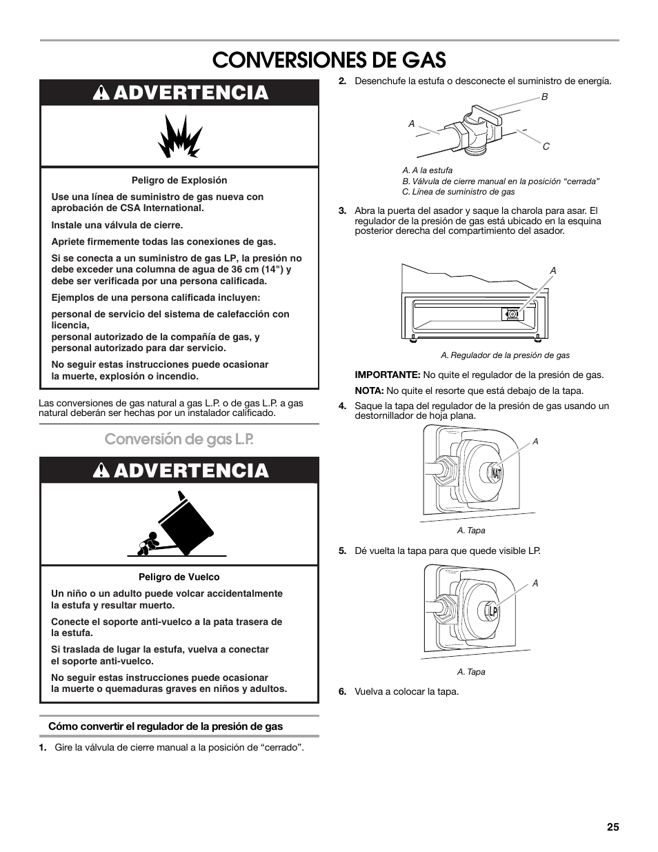 Conversiones de gas, Advertencia, Conversión de gas l.p | Estate TGP305T User Manual | Page 25 / 28