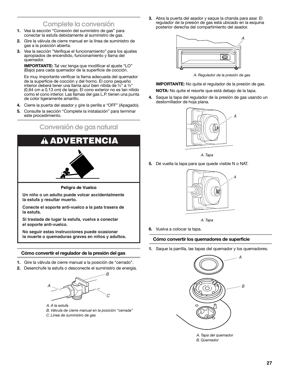 Advertencia, Complete la conversión, Conversión de gas natural | Estate TGP305T User Manual | Page 27 / 28