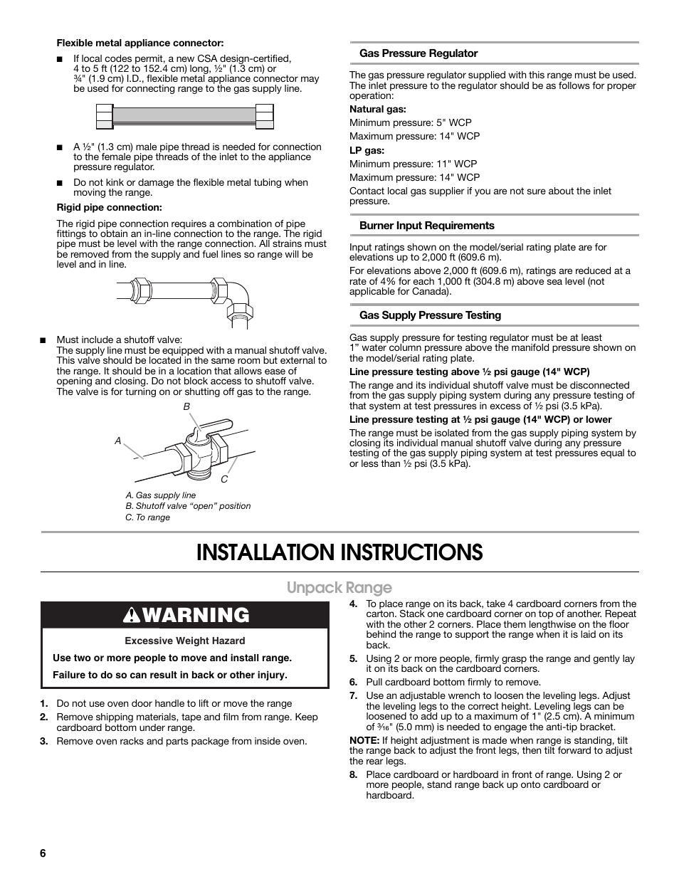 Installation instructions, Warning, Unpack range | Estate TGP305T User Manual | Page 6 / 28