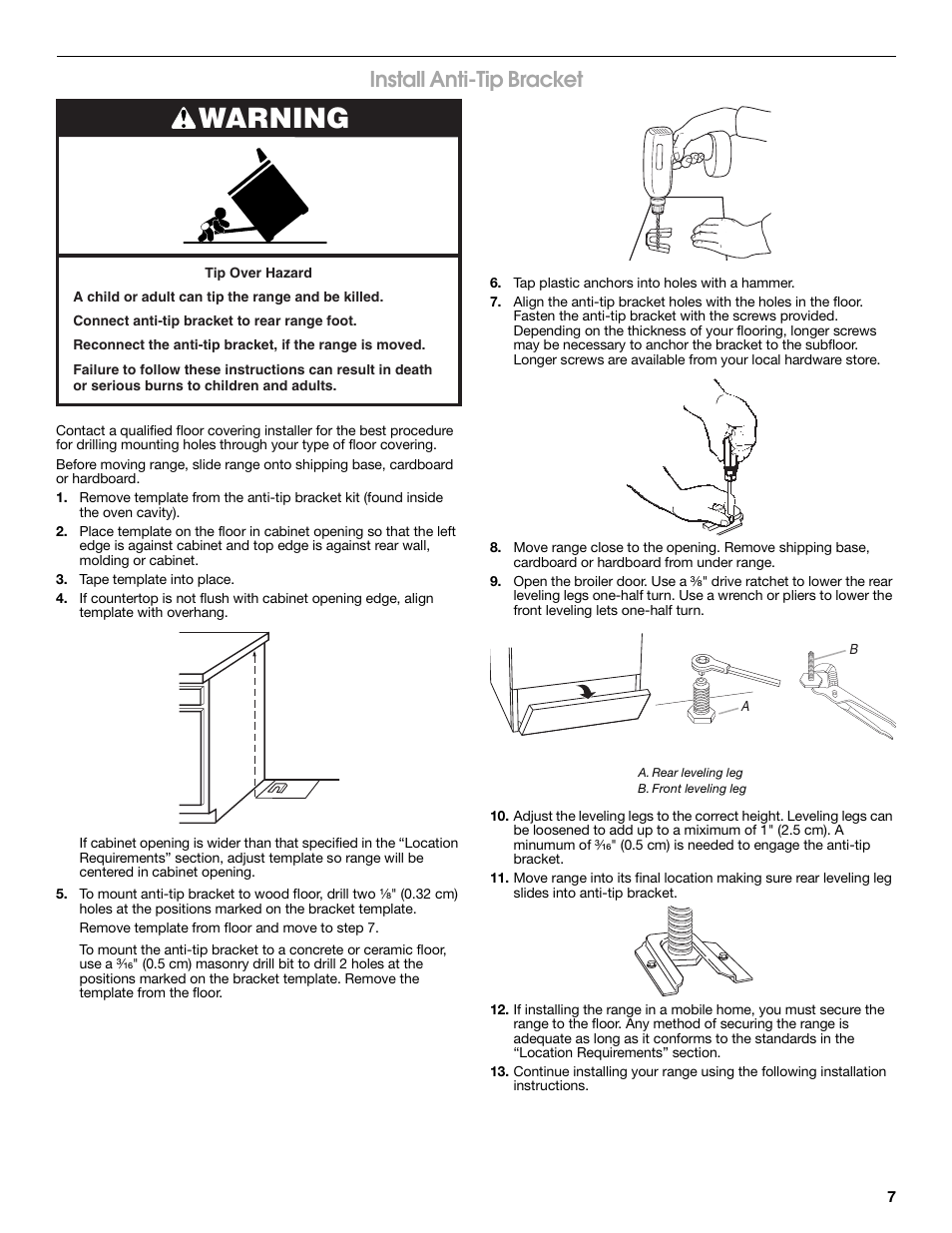 Warning, Install anti-tip bracket | Estate TGP305T User Manual | Page 7 / 28