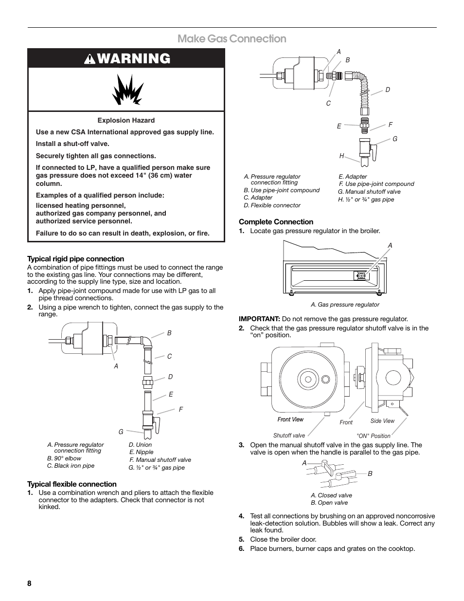 Warning, Make gas connection | Estate TGP305T User Manual | Page 8 / 28