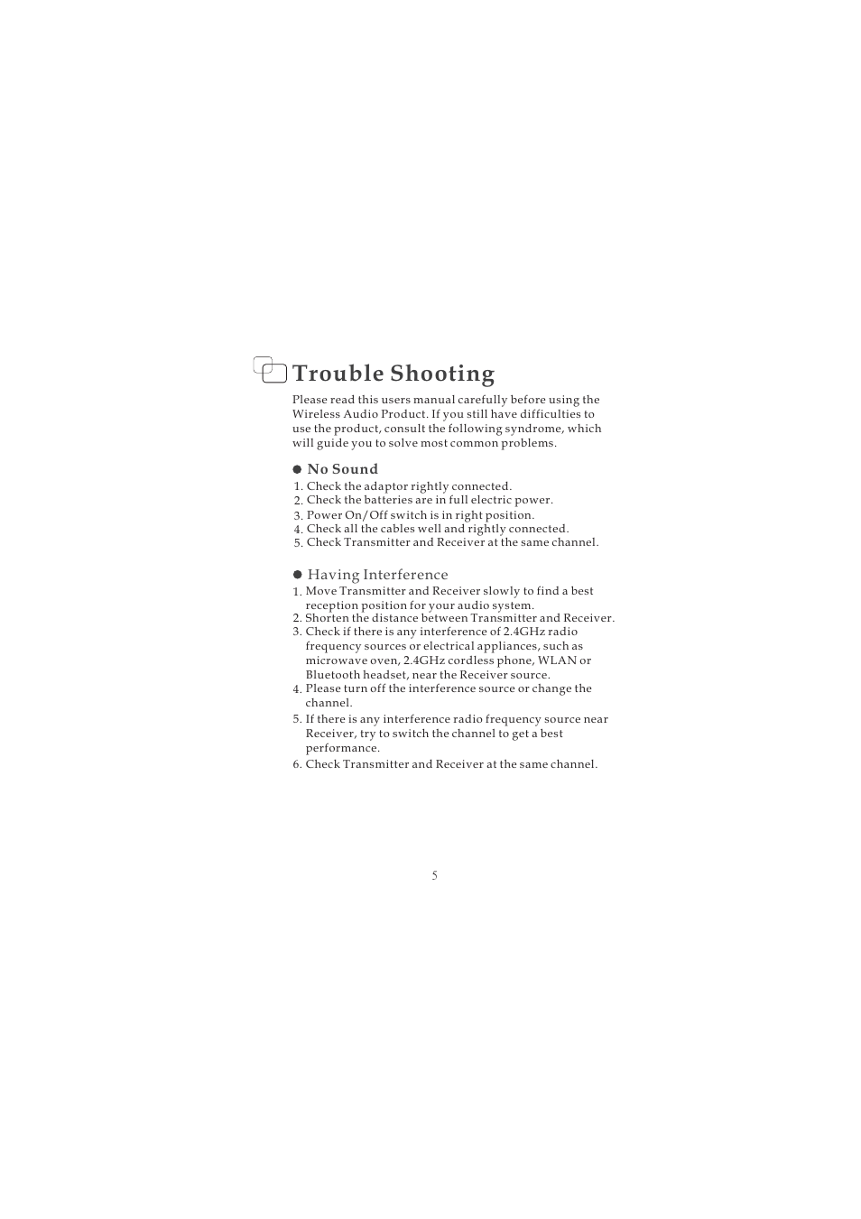 Trouble shooting | ELANsat Tech Wireless Digital Audio User Manual | Page 9 / 11