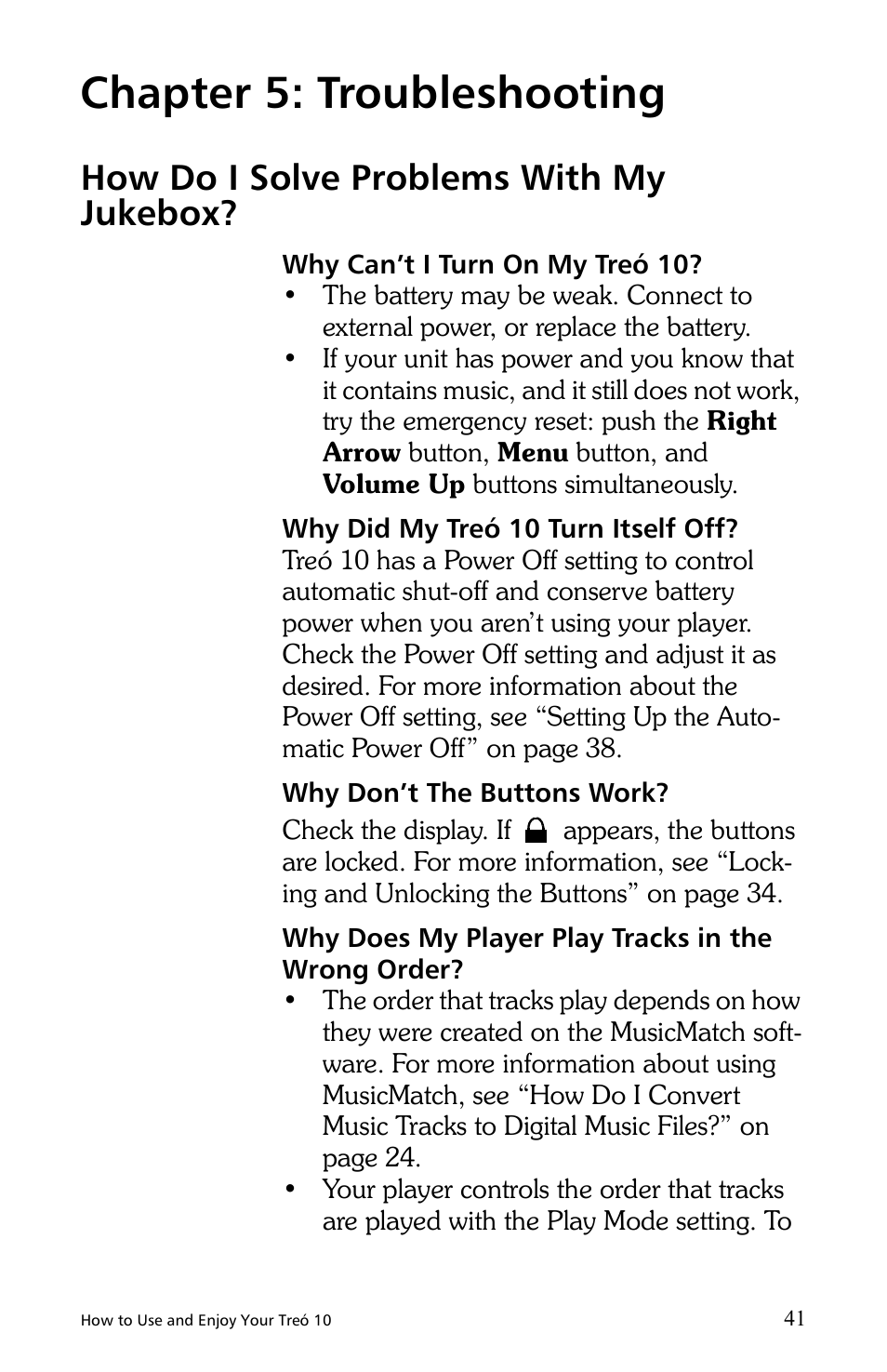 Chapter 5: troubleshooting, How do i solve problems with my jukebox | E.Digital Treo 10 User Manual | Page 49 / 64