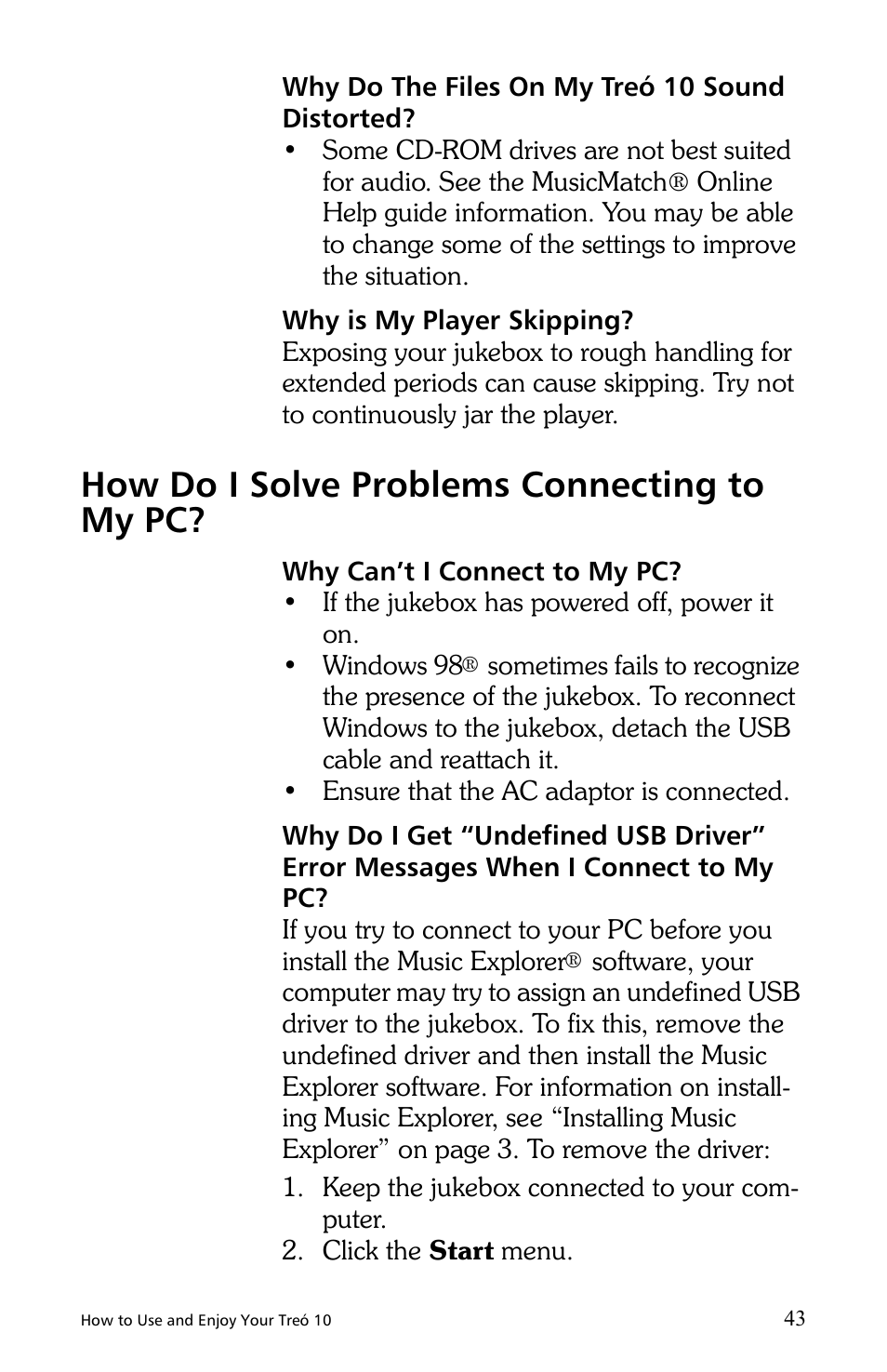 How do i solve problems connecting to my pc | E.Digital Treo 10 User Manual | Page 51 / 64