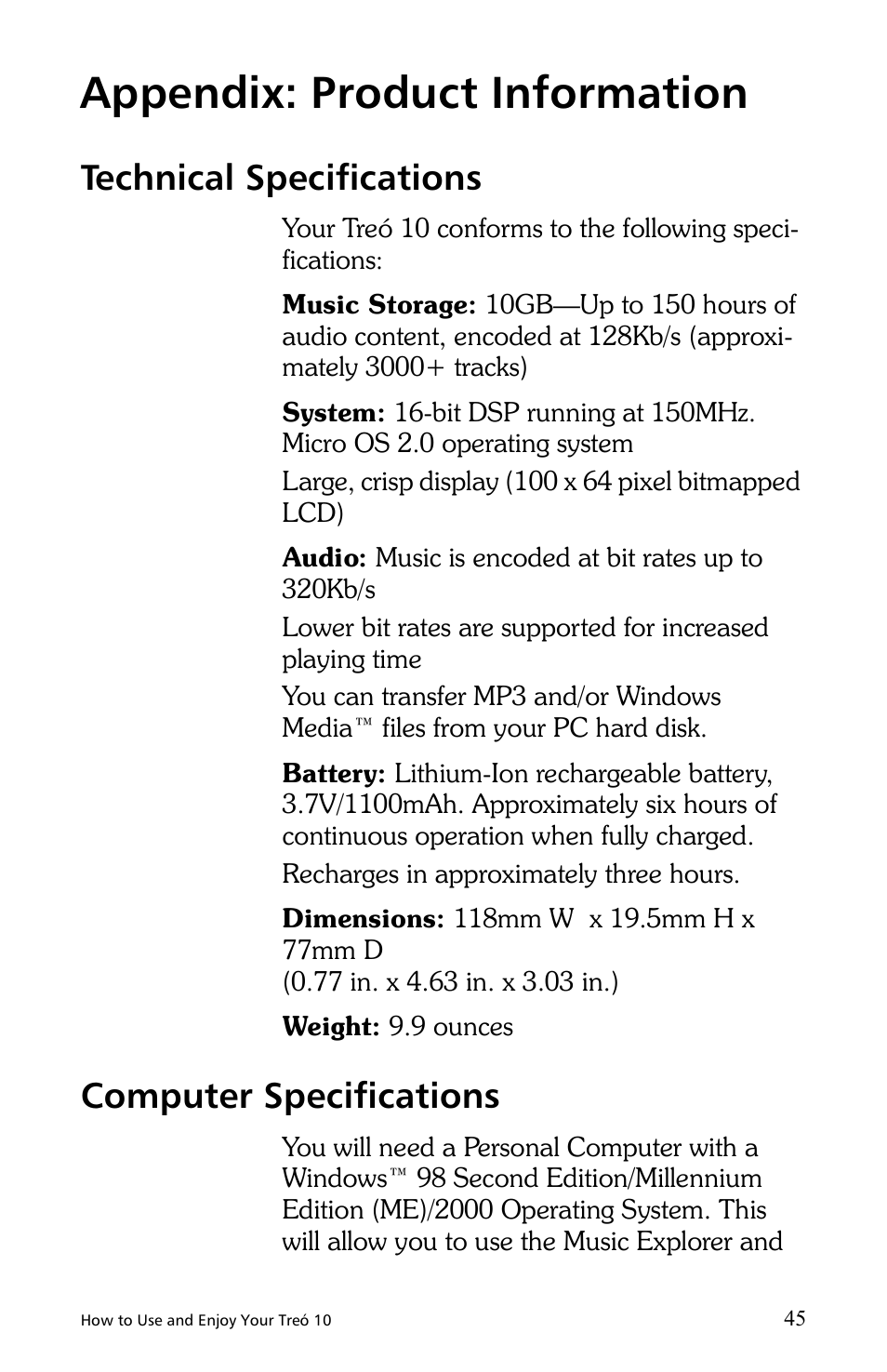 Appendix: product information, Technical specifications, Computer specifications | E.Digital Treo 10 User Manual | Page 53 / 64