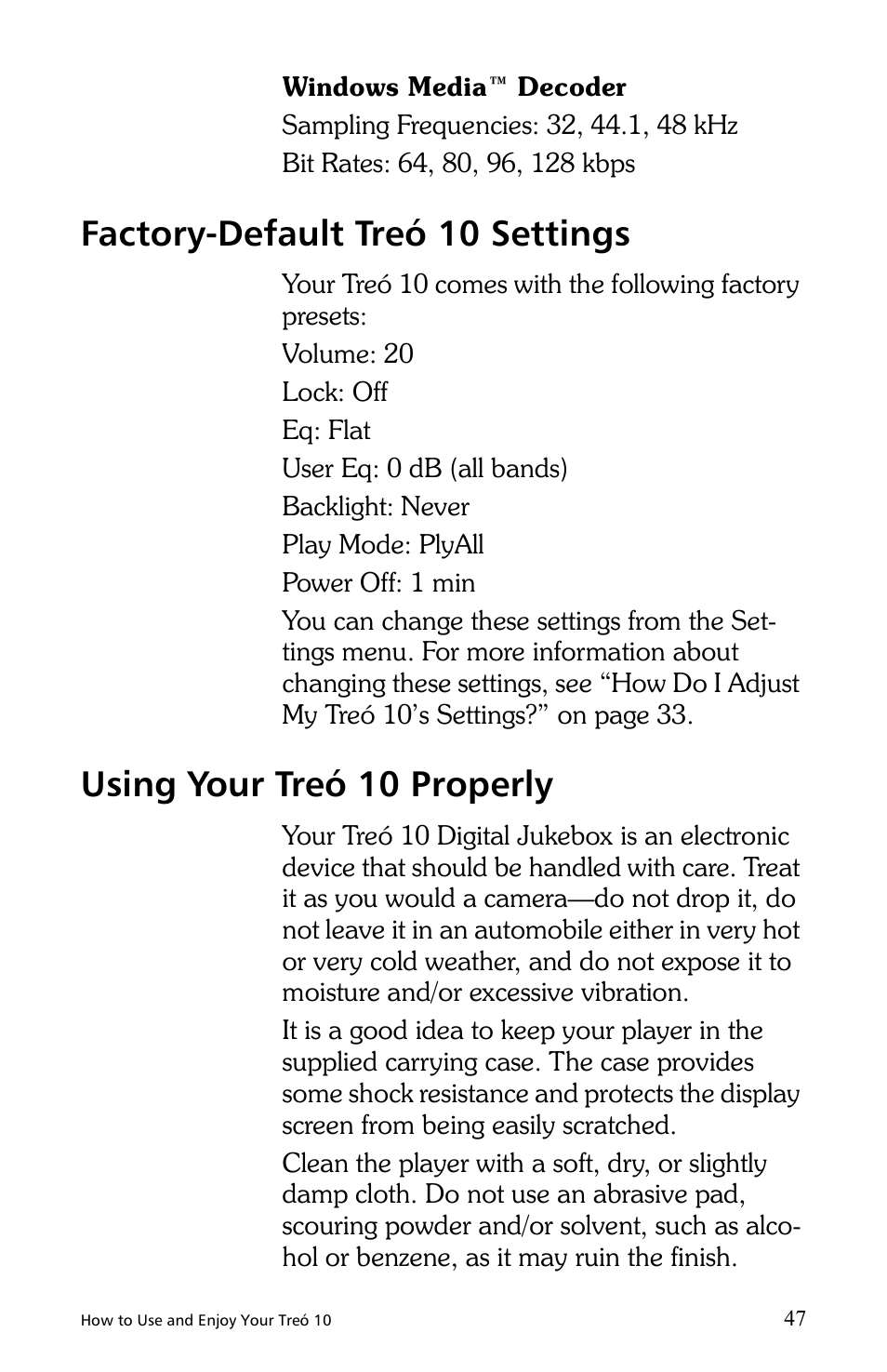 Factory-default treó 10 settings, Using your treó 10 properly | E.Digital Treo 10 User Manual | Page 55 / 64