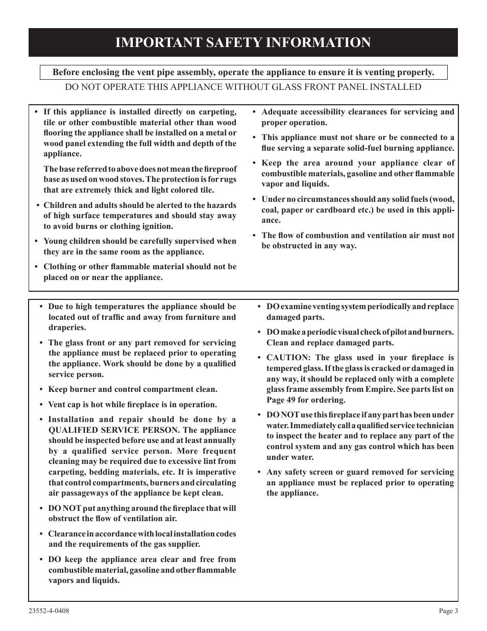 Important safety information | Empire Comfort Systems DVD32FP3 User Manual | Page 3 / 60