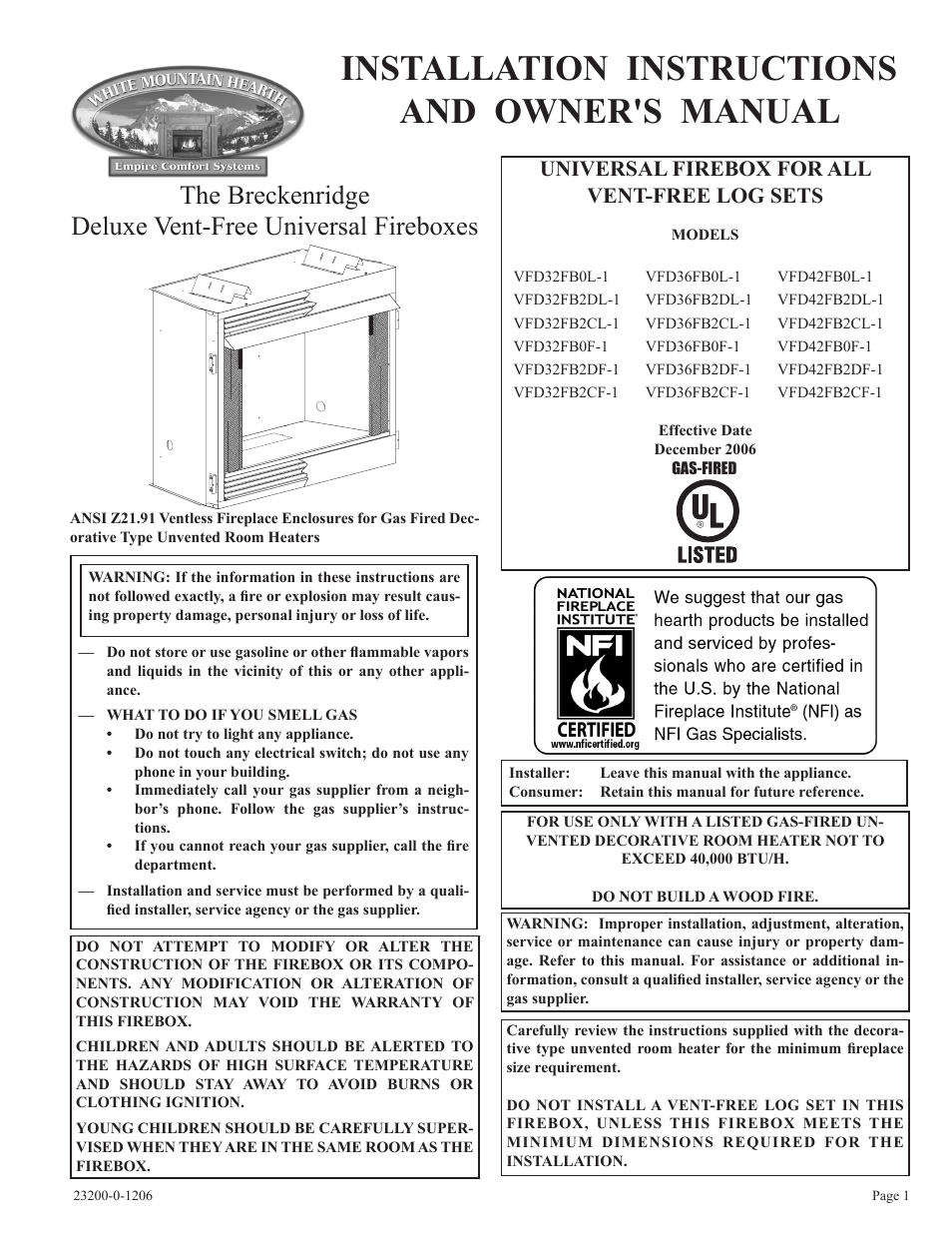 Empire Comfort Systems VFD36FB2DF-1 User Manual | 20 pages