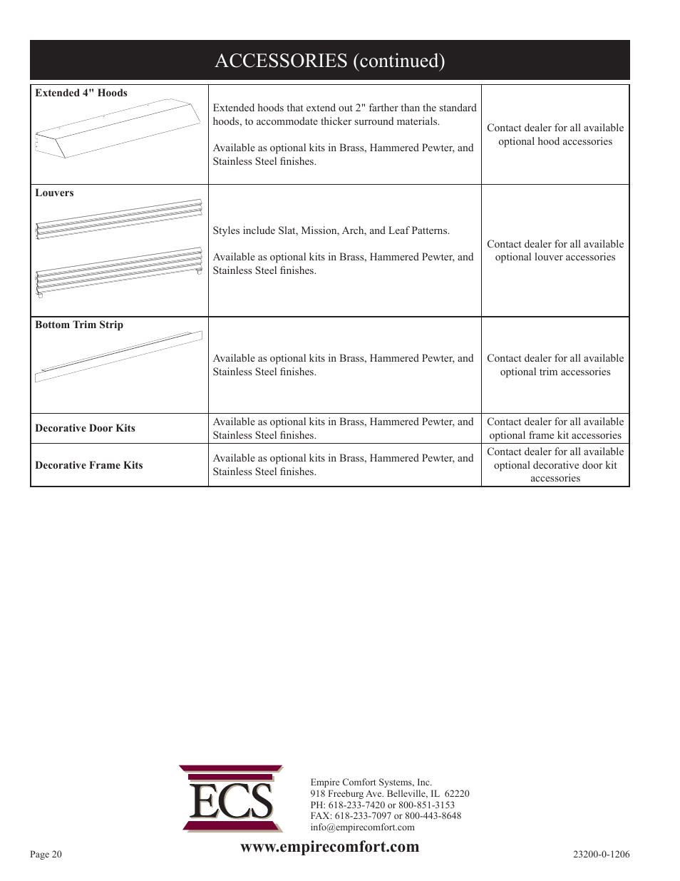 Accessories (continued) | Empire Comfort Systems VFD36FB2DF-1 User Manual | Page 20 / 20