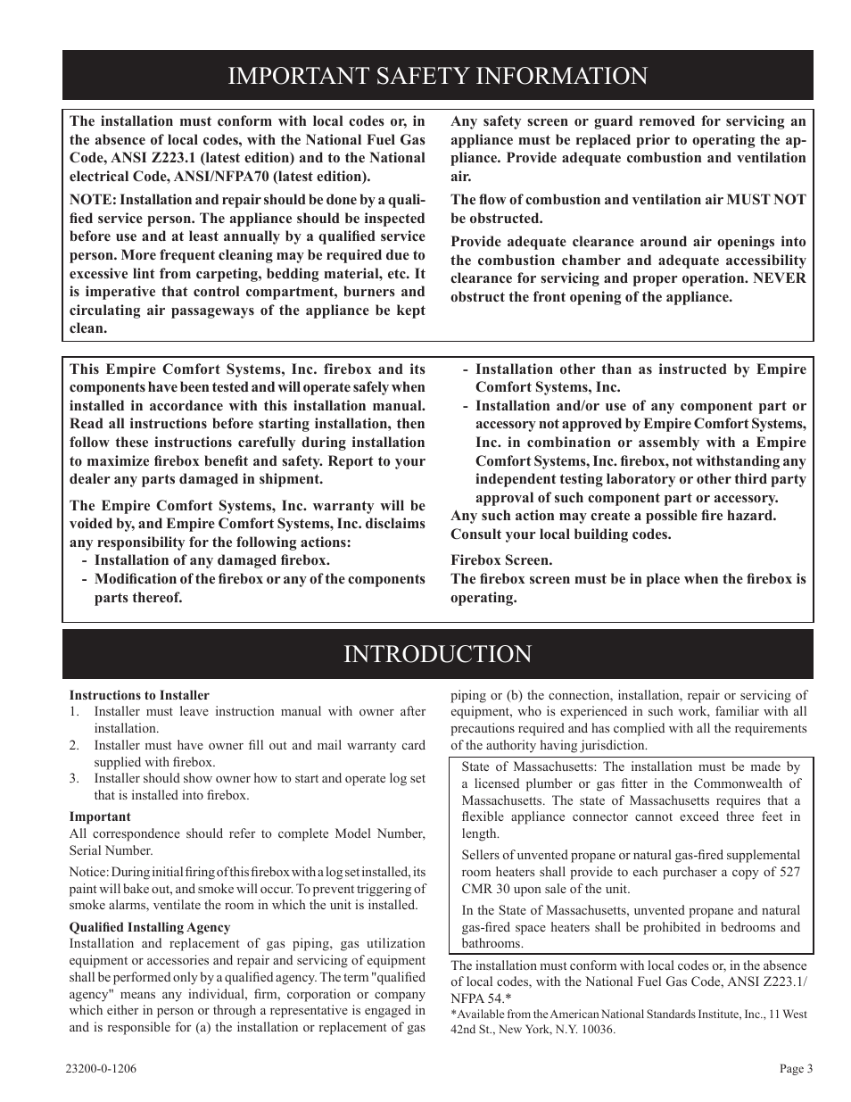 Important safety information introduction | Empire Comfort Systems VFD36FB2DF-1 User Manual | Page 3 / 20
