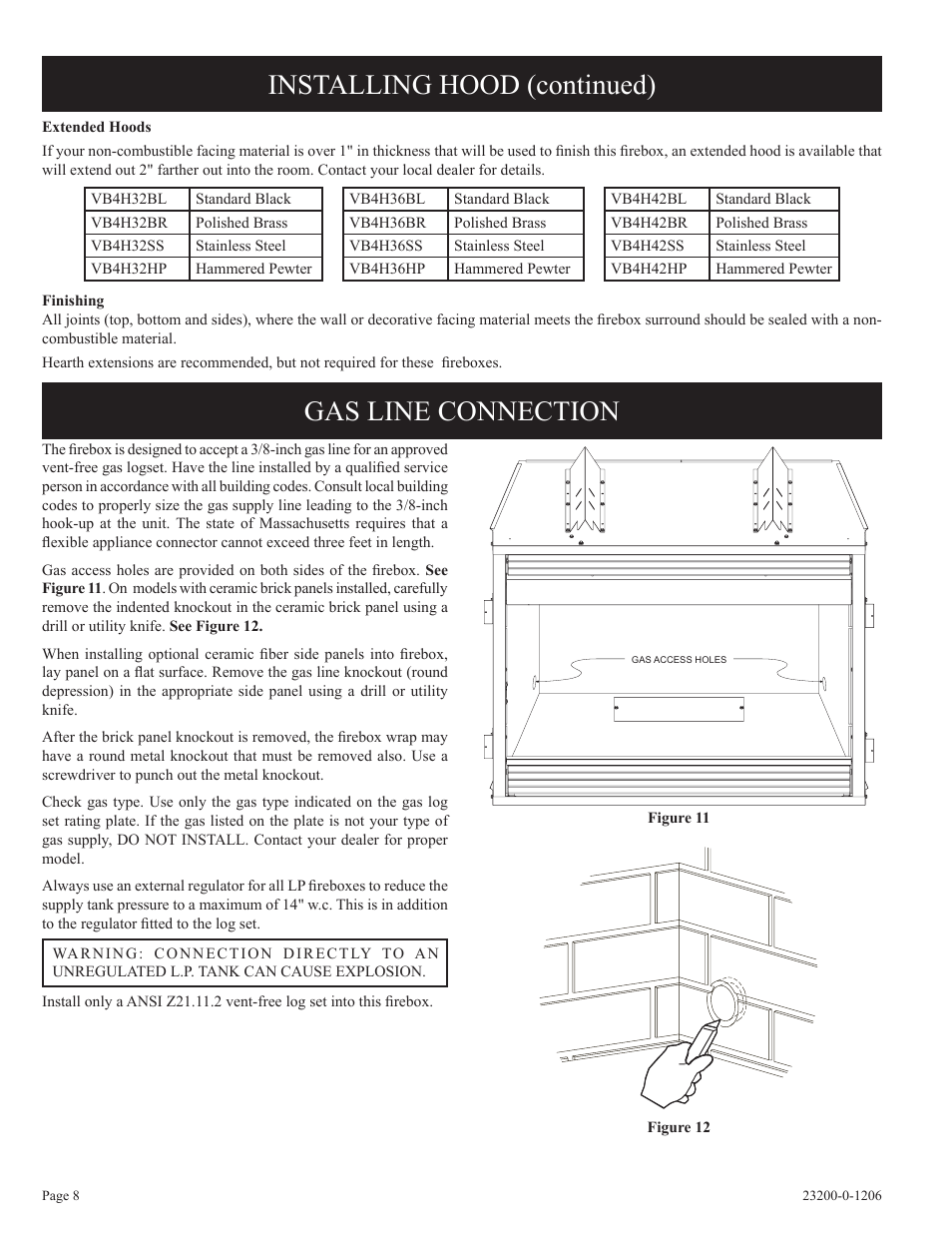 Installing hood (continued) gas line connection | Empire Comfort Systems VFD36FB2DF-1 User Manual | Page 8 / 20