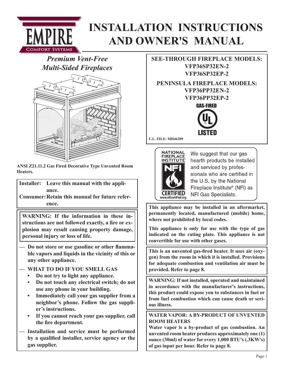 Empire Comfort Systems VFP36SP32EN-2 User Manual | 40 pages