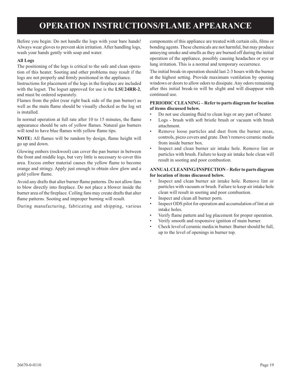 Operation instructions/flame appearance | Empire Comfort Systems VFP36SP32EN-2 User Manual | Page 19 / 40