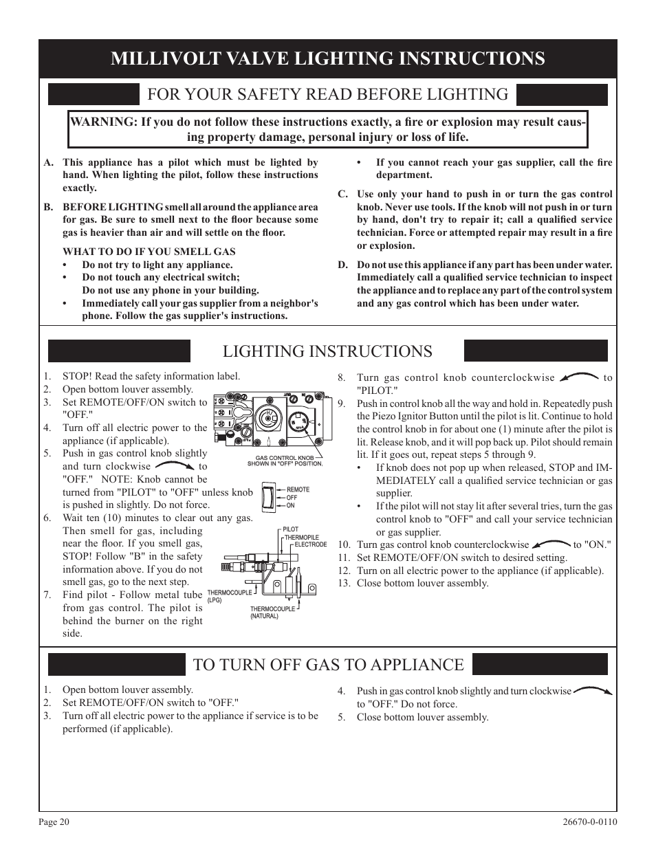 Millivolt valve lighting instructions | Empire Comfort Systems VFP36SP32EN-2 User Manual | Page 20 / 40