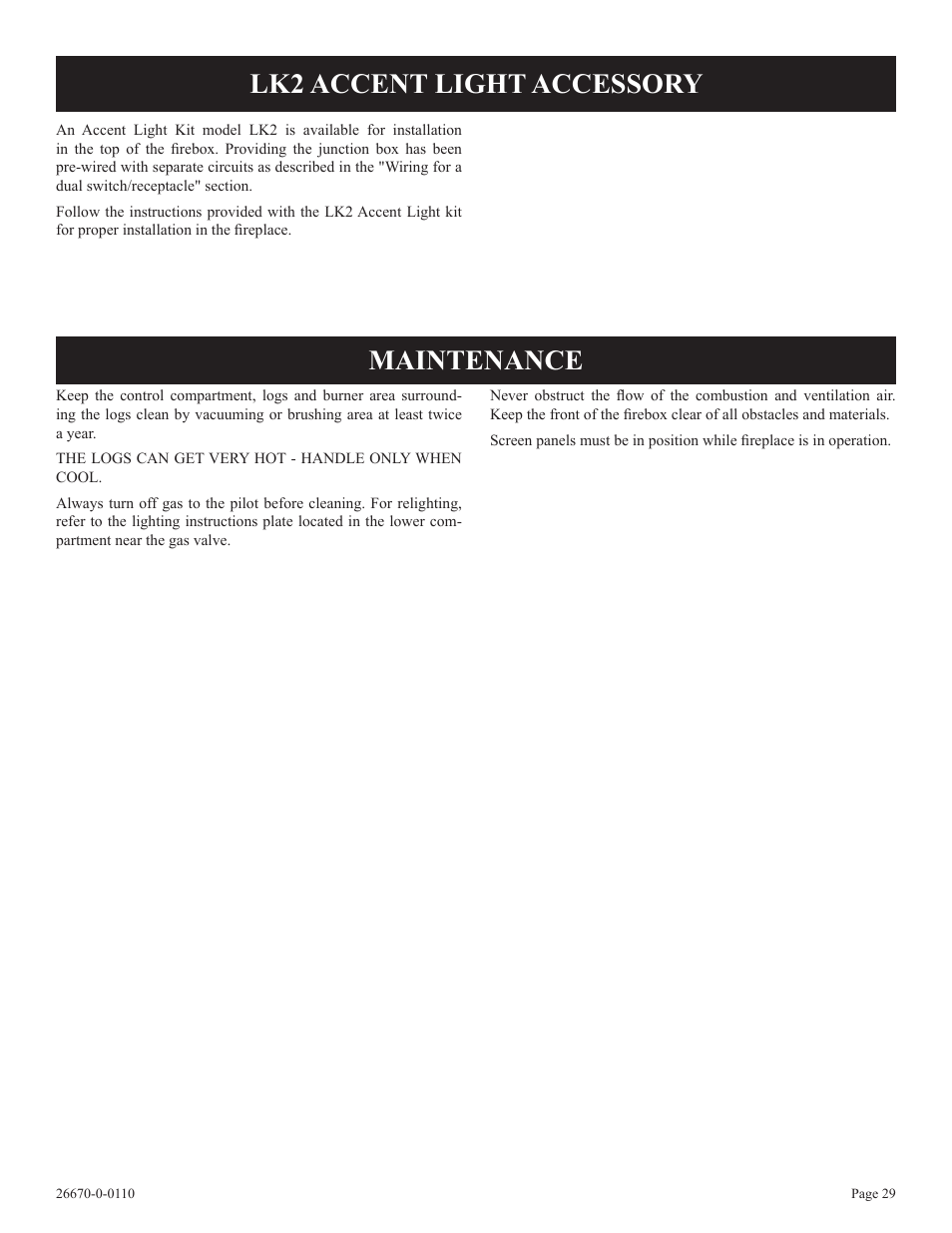 Maintenance, Lk2 accent light accessory | Empire Comfort Systems VFP36SP32EN-2 User Manual | Page 29 / 40