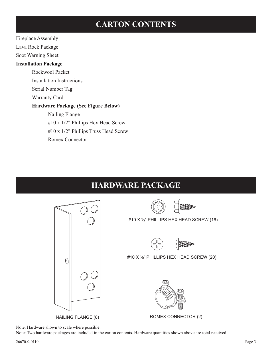 Carton contents, Hardware package | Empire Comfort Systems VFP36SP32EN-2 User Manual | Page 3 / 40