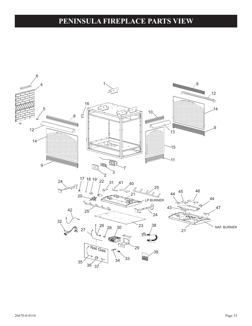 Peninsula fireplace parts view | Empire Comfort Systems VFP36SP32EN-2 User Manual | Page 33 / 40