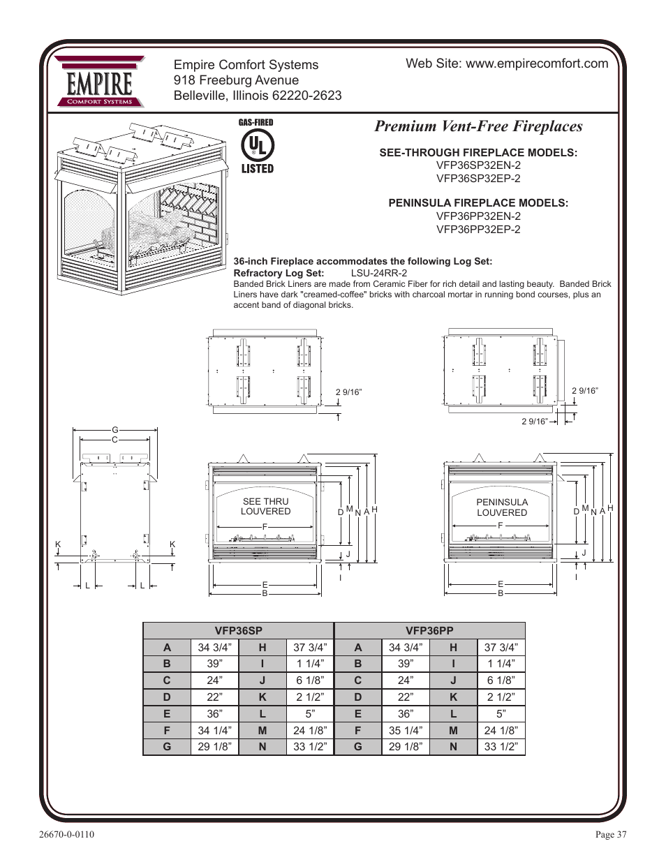 Empire, Premium vent-free fireplaces | Empire Comfort Systems VFP36SP32EN-2 User Manual | Page 37 / 40