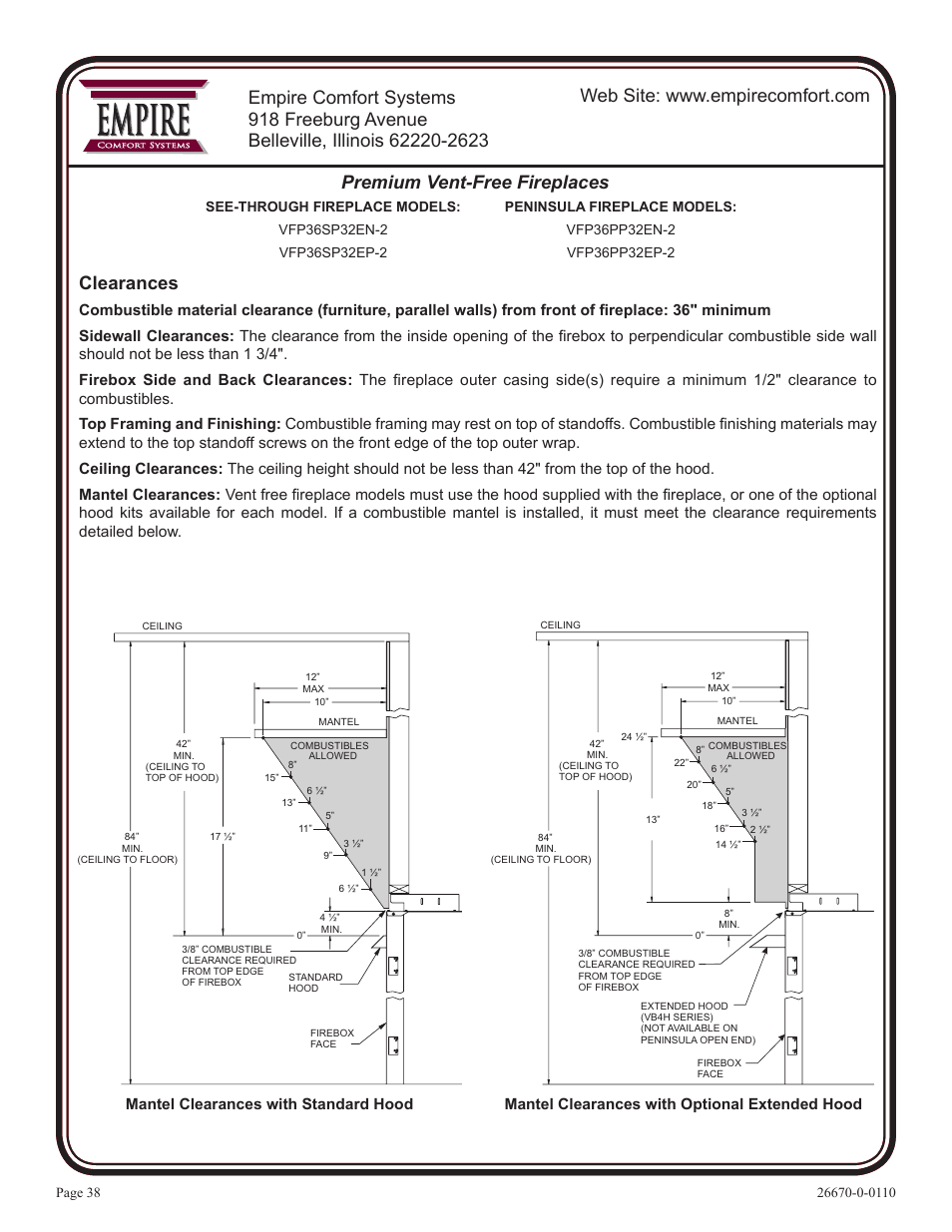 Empire, Clearances | Empire Comfort Systems VFP36SP32EN-2 User Manual | Page 38 / 40