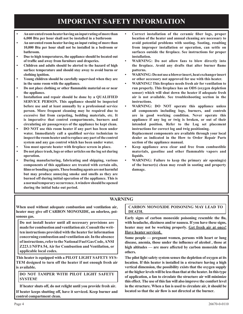 Important safety information, Warning | Empire Comfort Systems VFP36SP32EN-2 User Manual | Page 4 / 40