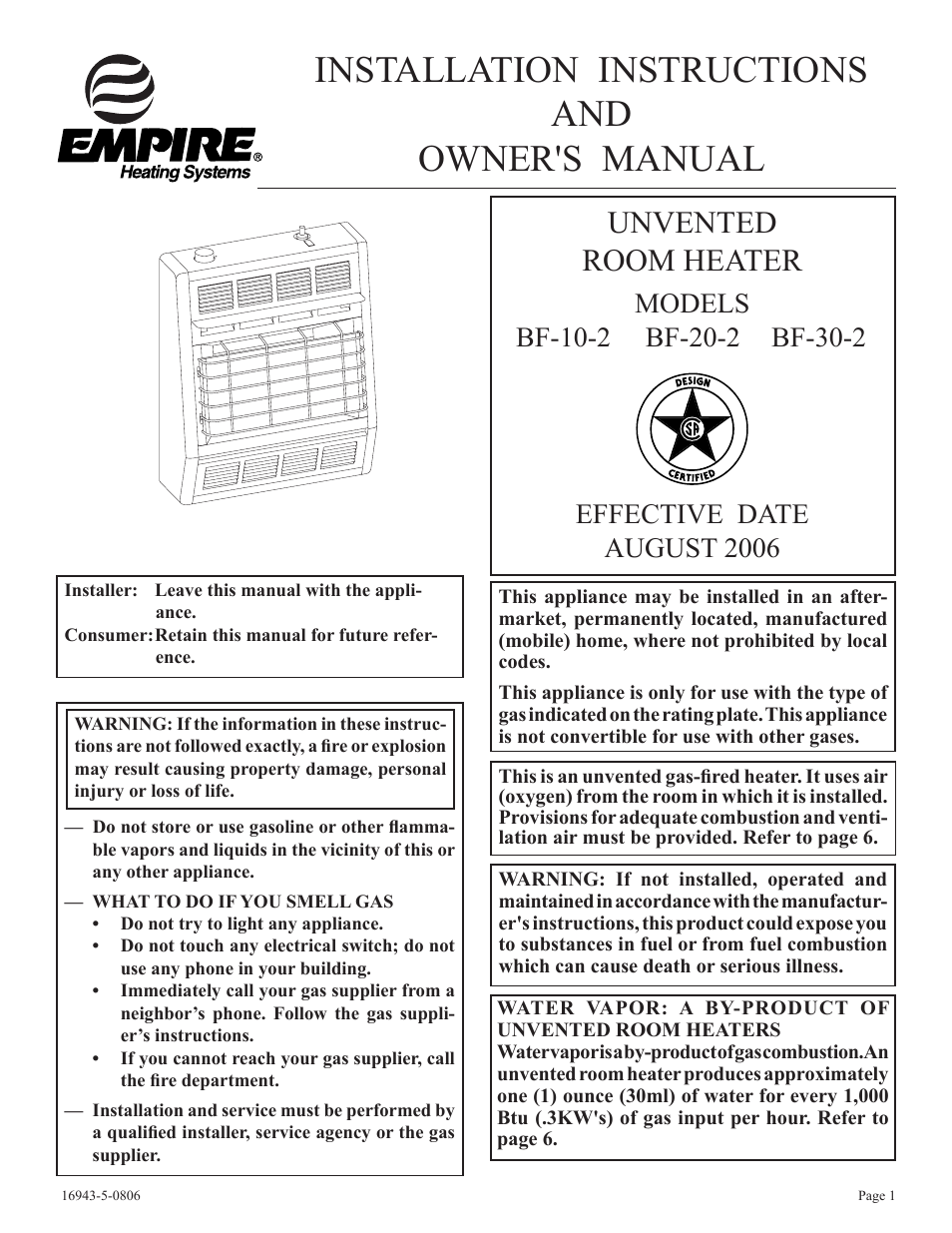 Empire Comfort Systems BF-30-2 User Manual | 20 pages
