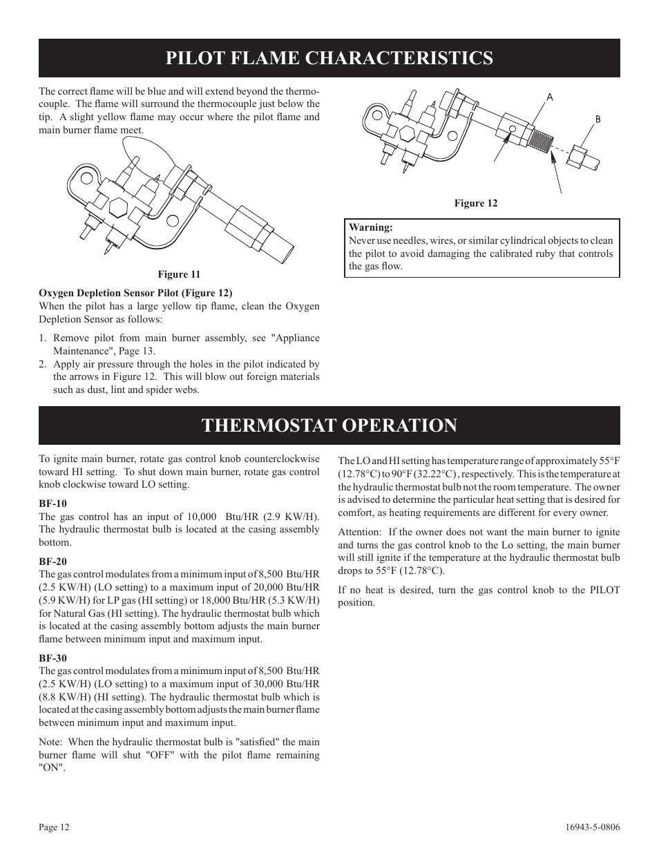 Pilot flame characteristics thermostat operation | Empire Comfort Systems BF-30-2 User Manual | Page 12 / 20