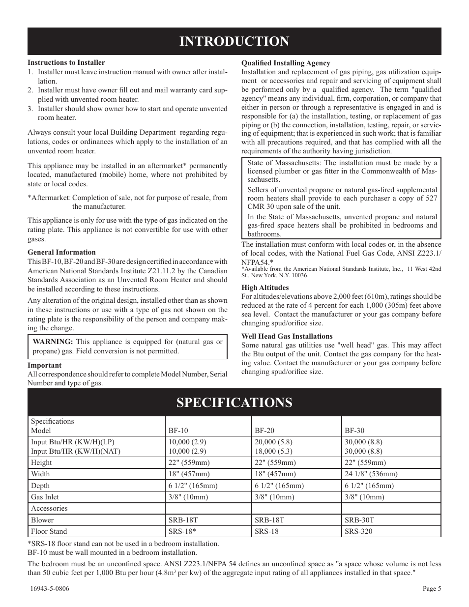 Introduction specifications | Empire Comfort Systems BF-30-2 User Manual | Page 5 / 20