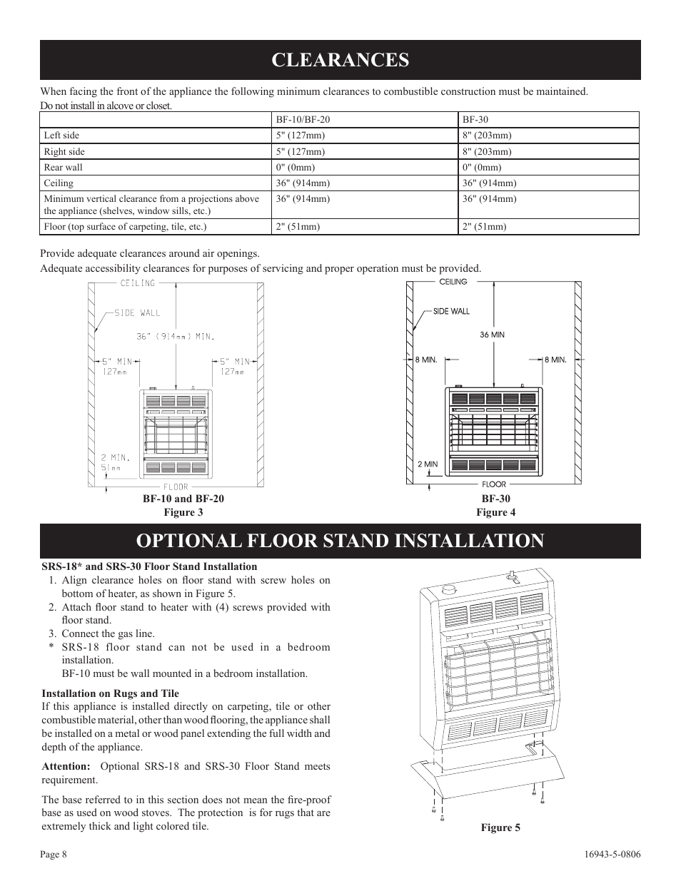 Clearances optional floor stand installation | Empire Comfort Systems BF-30-2 User Manual | Page 8 / 20