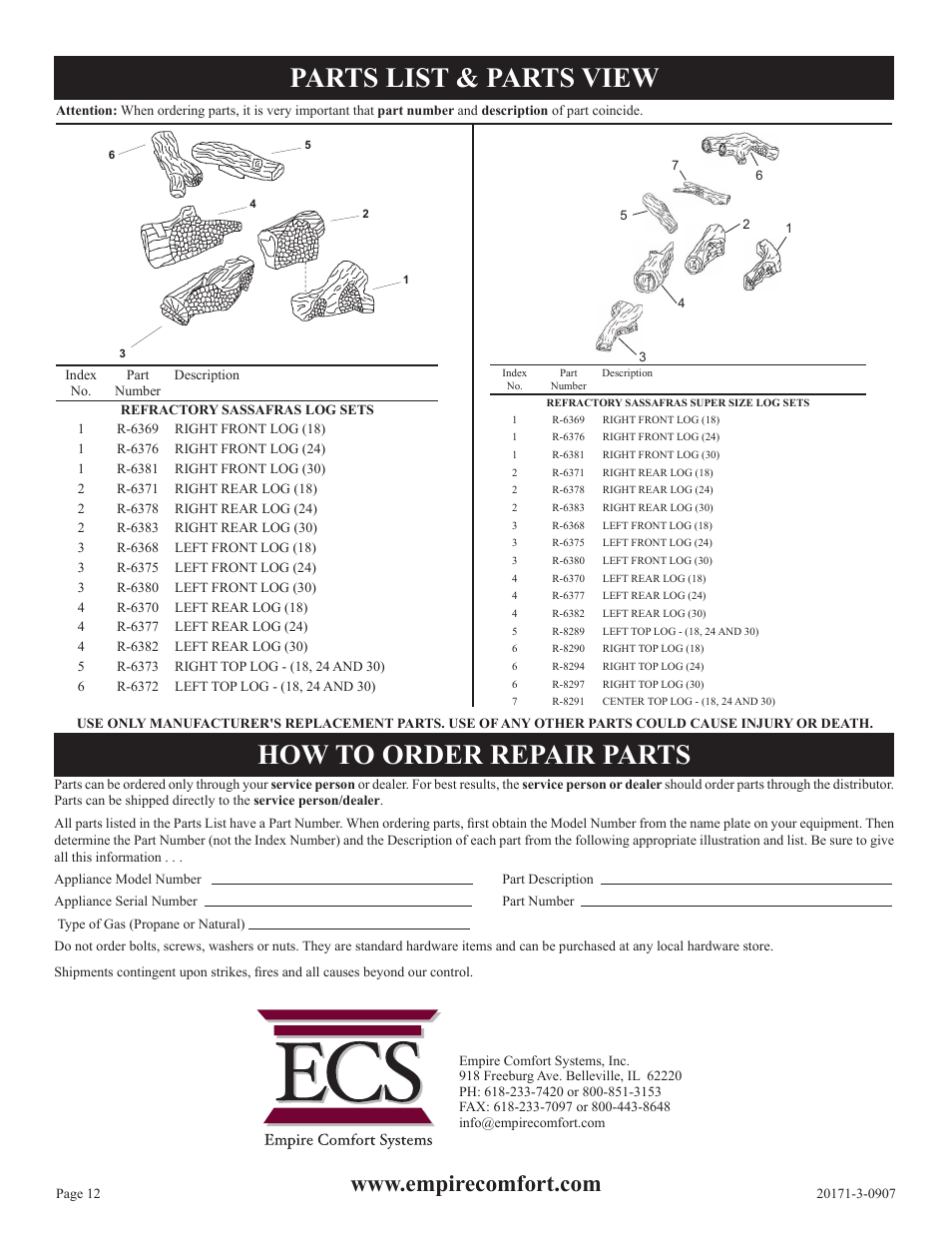 Parts list & parts view how to order repair parts | Empire Comfort Systems LS-18RSS-1 User Manual | Page 12 / 12