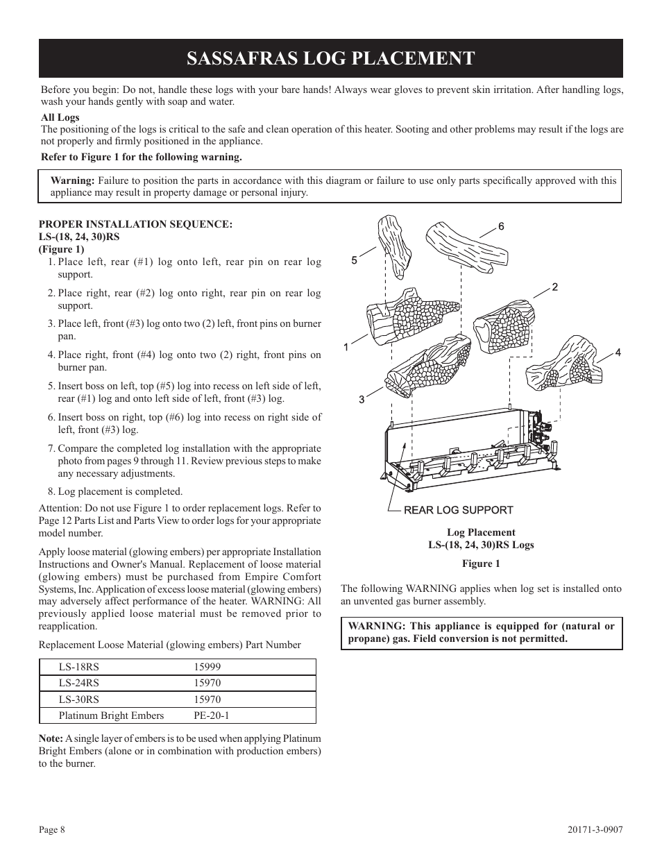 Sassafras log placement | Empire Comfort Systems LS-18RSS-1 User Manual | Page 8 / 12