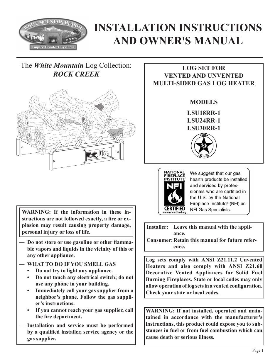 Empire Comfort Systems LSU18RR-1 User Manual | 12 pages