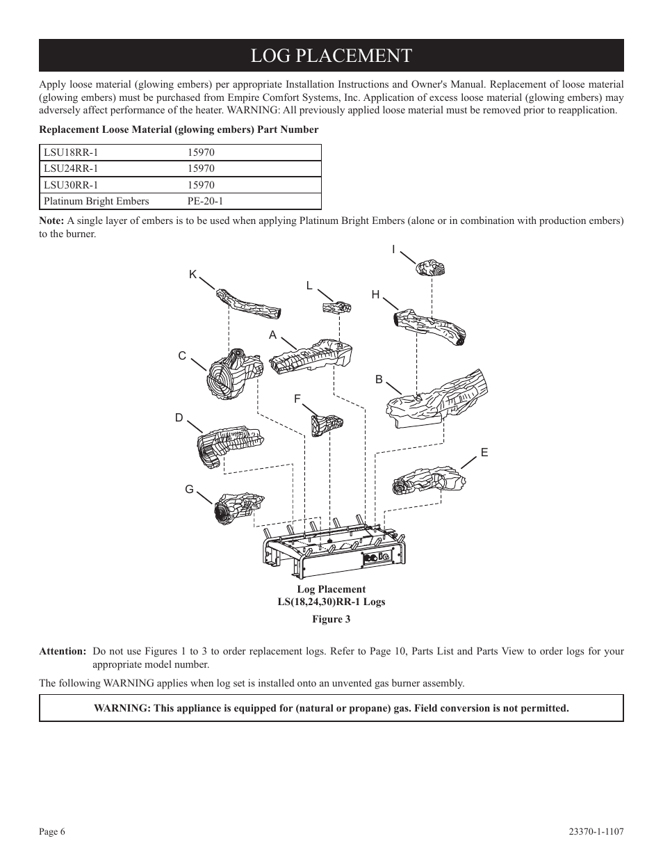 Log placement | Empire Comfort Systems LSU18RR-1 User Manual | Page 6 / 12