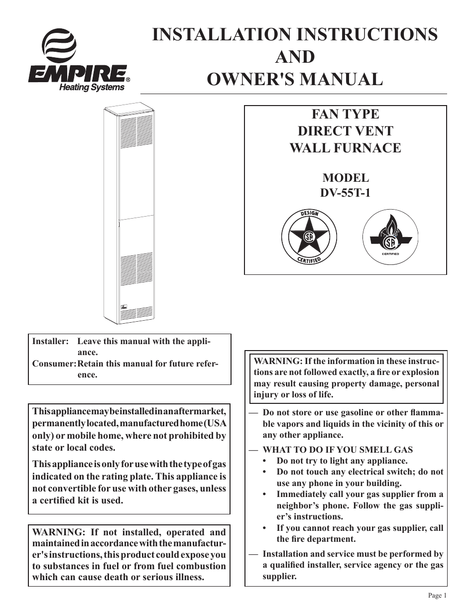 Empire Comfort Systems DV-55T-1 User Manual | 20 pages