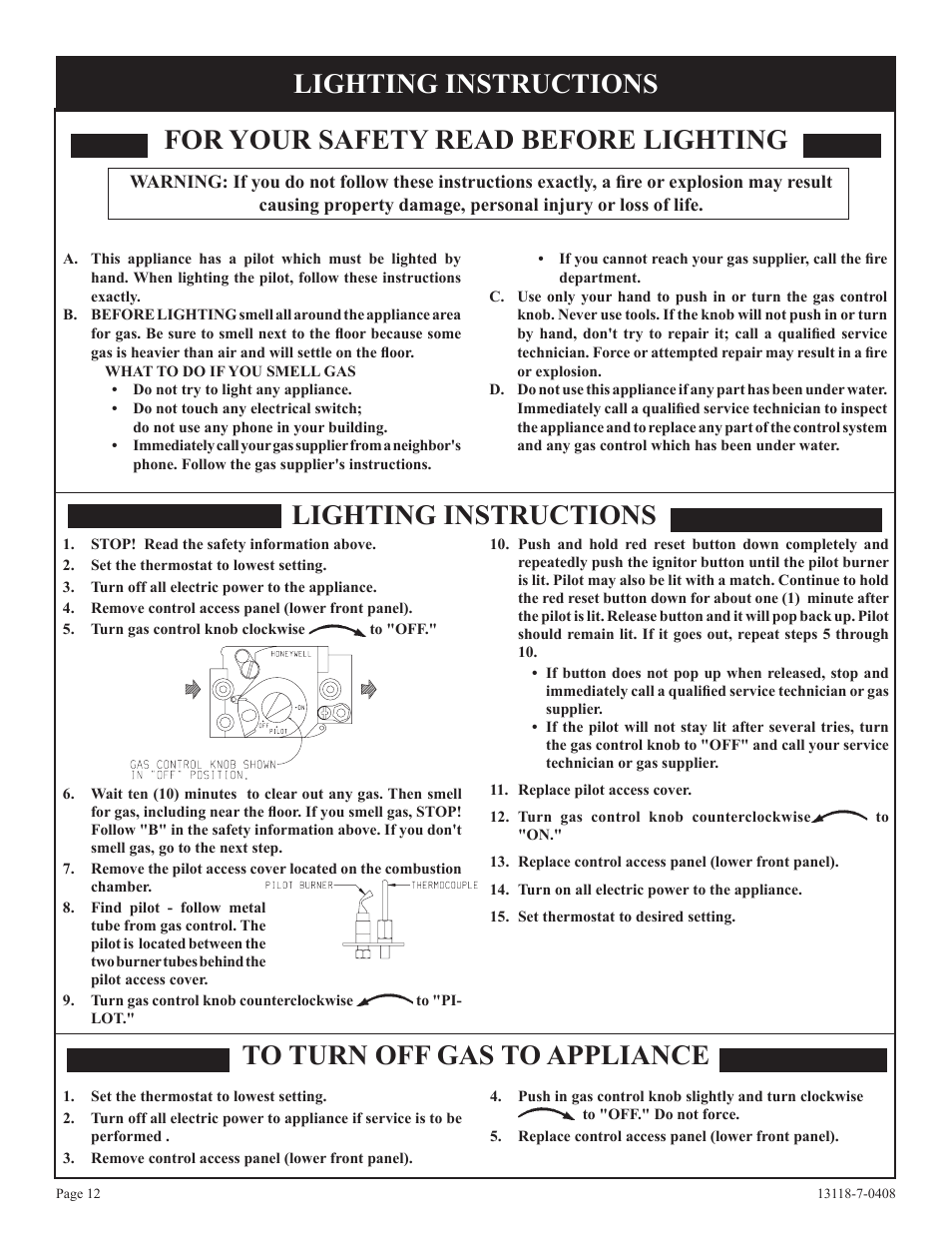 For your safety read before lighting, Lighting instructions | Empire Comfort Systems DV-55T-1 User Manual | Page 12 / 20
