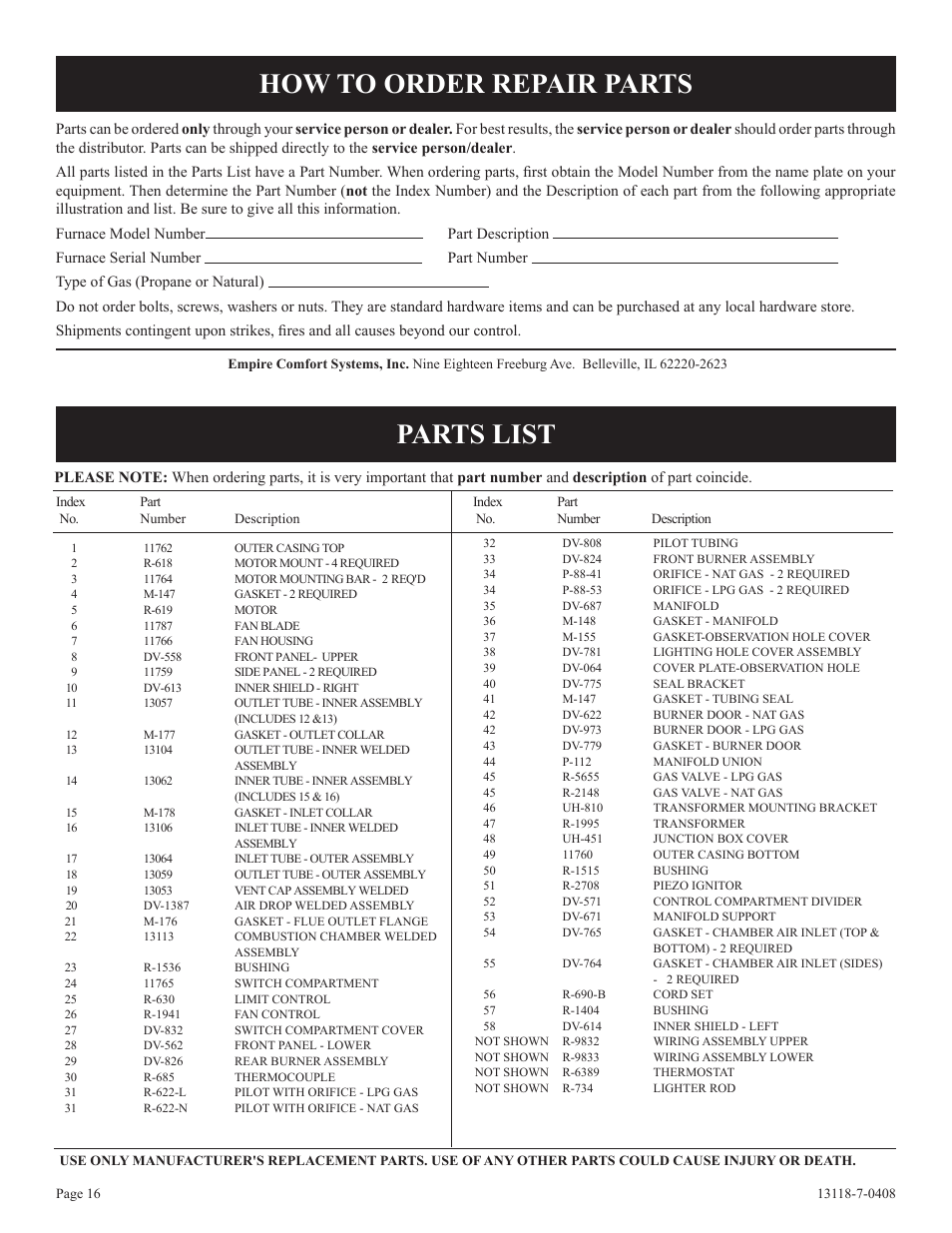 How to order repair parts parts list | Empire Comfort Systems DV-55T-1 User Manual | Page 16 / 20