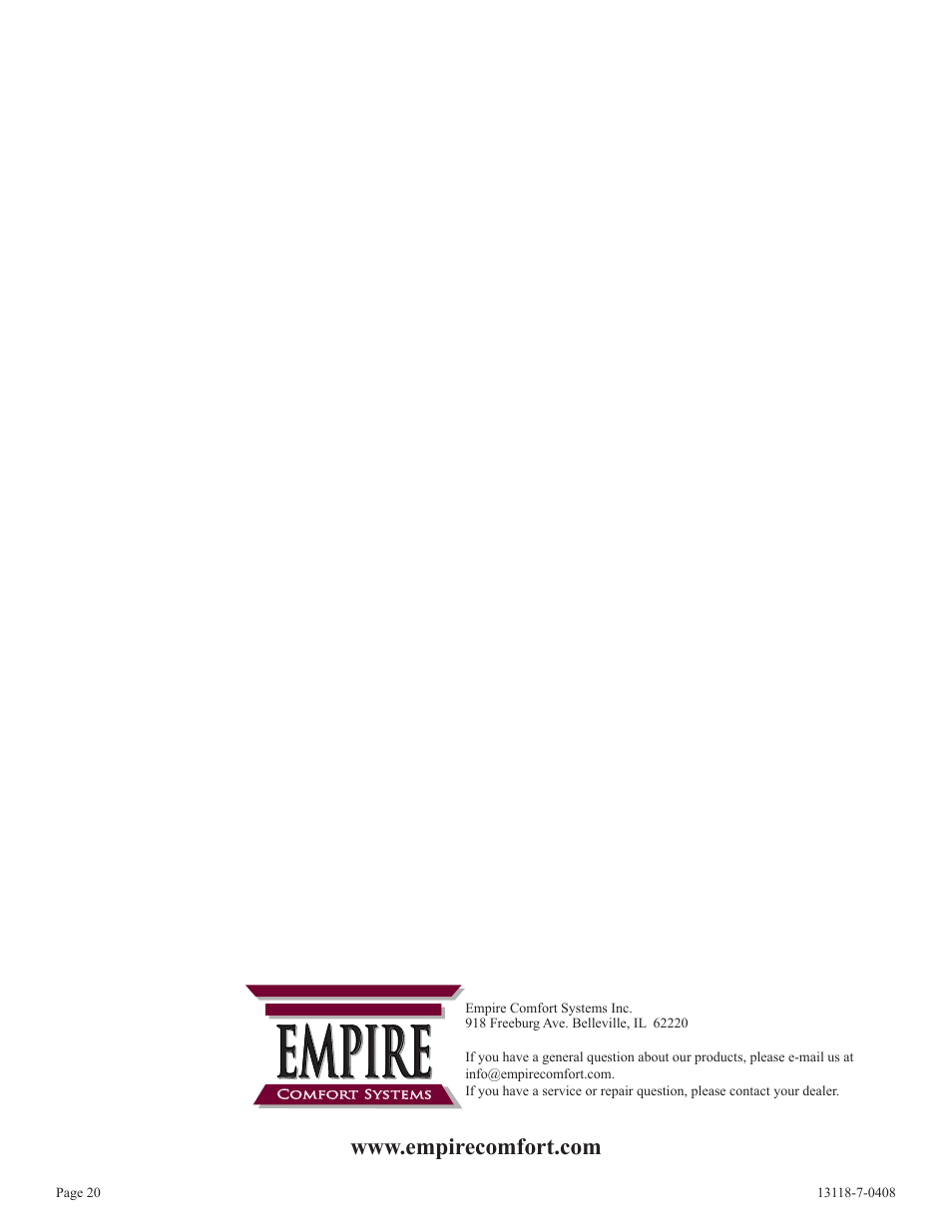 Empire | Empire Comfort Systems DV-55T-1 User Manual | Page 20 / 20