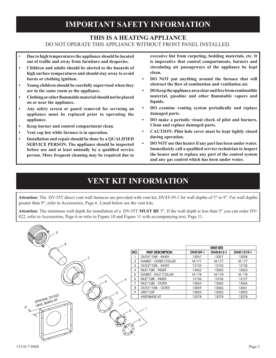 Vent kit information important safety information, This is a heating appliance | Empire Comfort Systems DV-55T-1 User Manual | Page 3 / 20