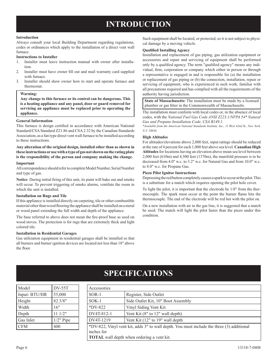Introduction specifications | Empire Comfort Systems DV-55T-1 User Manual | Page 6 / 20