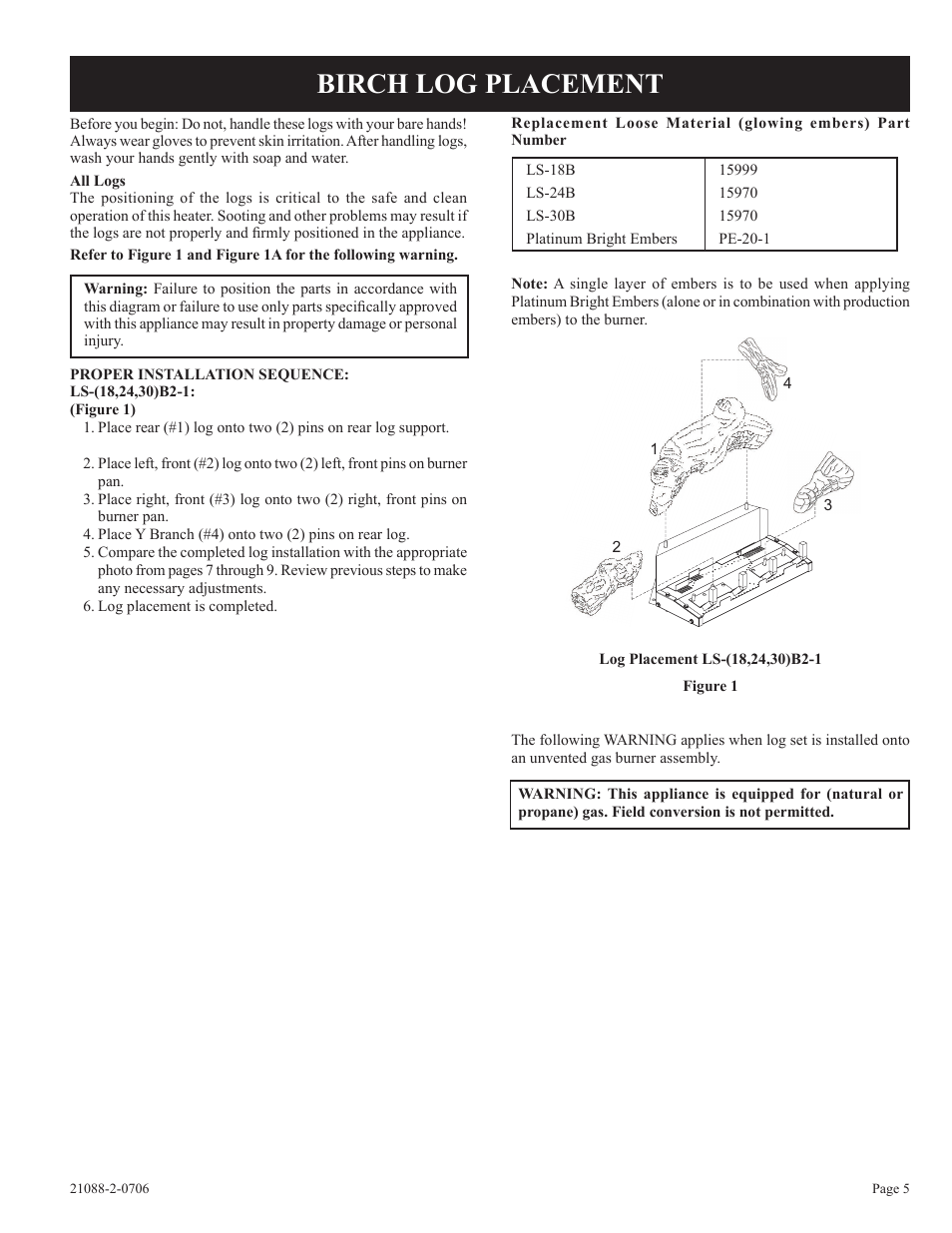 Birch log placement | Empire Comfort Systems LS-30B2-1 User Manual | Page 5 / 12