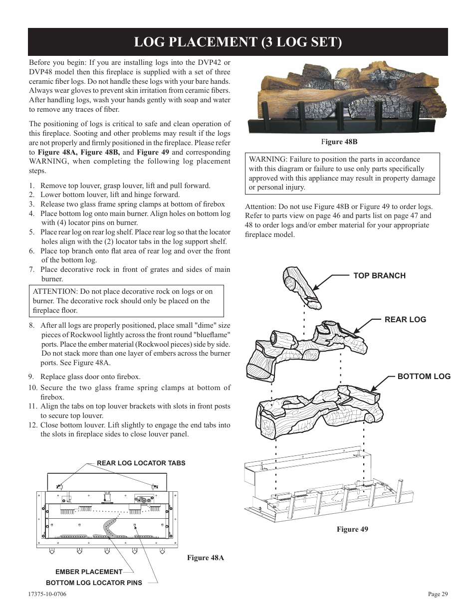 Log placement (3 log set) | Empire Comfort Systems DVP48FP7 User Manual | Page 29 / 56