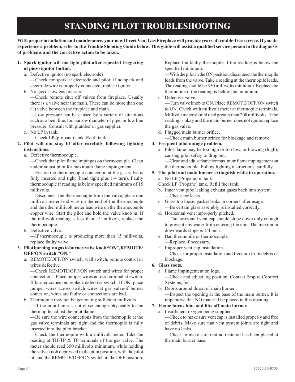 Standing pilot troubleshooting | Empire Comfort Systems DVP48FP7 User Manual | Page 34 / 56