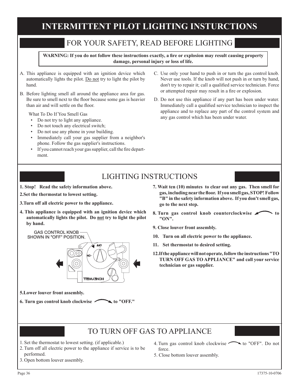 Intermittent pilot lighting insturctions, For your safety, read before lighting, Lighting instructions to turn off gas to appliance | Empire Comfort Systems DVP48FP7 User Manual | Page 36 / 56