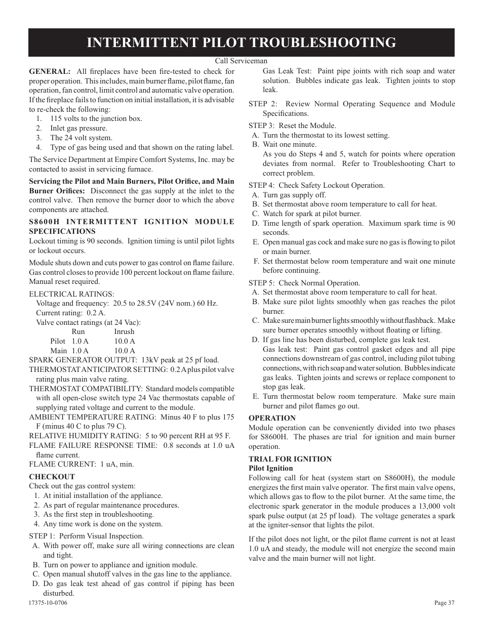 Intermittent pilot troubleshooting | Empire Comfort Systems DVP48FP7 User Manual | Page 37 / 56