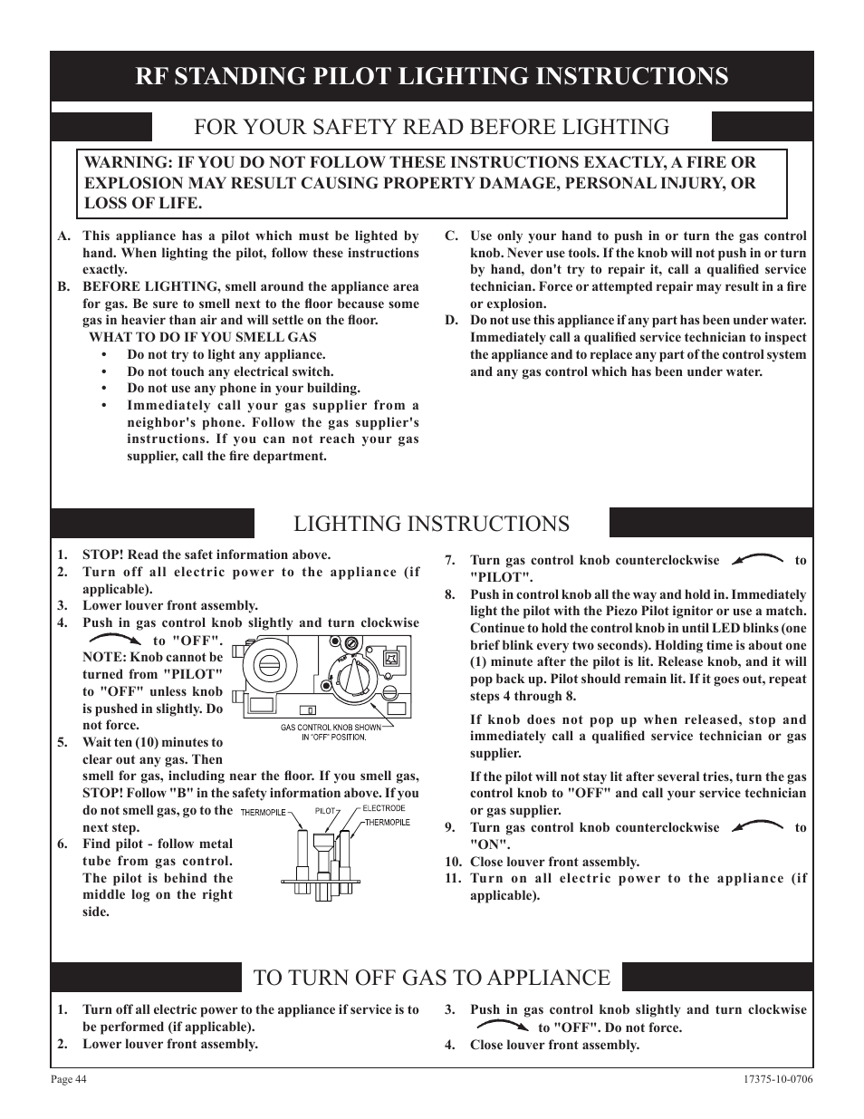 Rf standing pilot lighting instructions, For your safety read before lighting, Lighting instructions to turn off gas to appliance | Empire Comfort Systems DVP48FP7 User Manual | Page 44 / 56