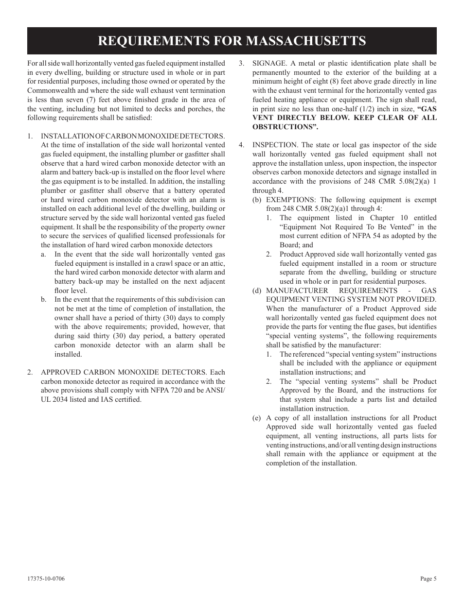 Requirements for massachusetts | Empire Comfort Systems DVP48FP7 User Manual | Page 5 / 56