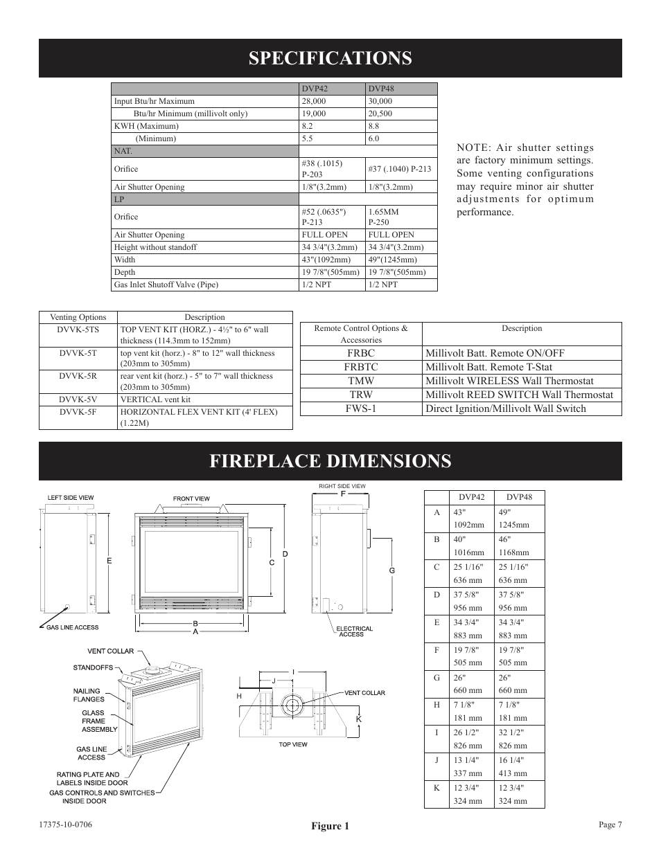 Specifications fireplace dimensions | Empire Comfort Systems DVP48FP7 User Manual | Page 7 / 56