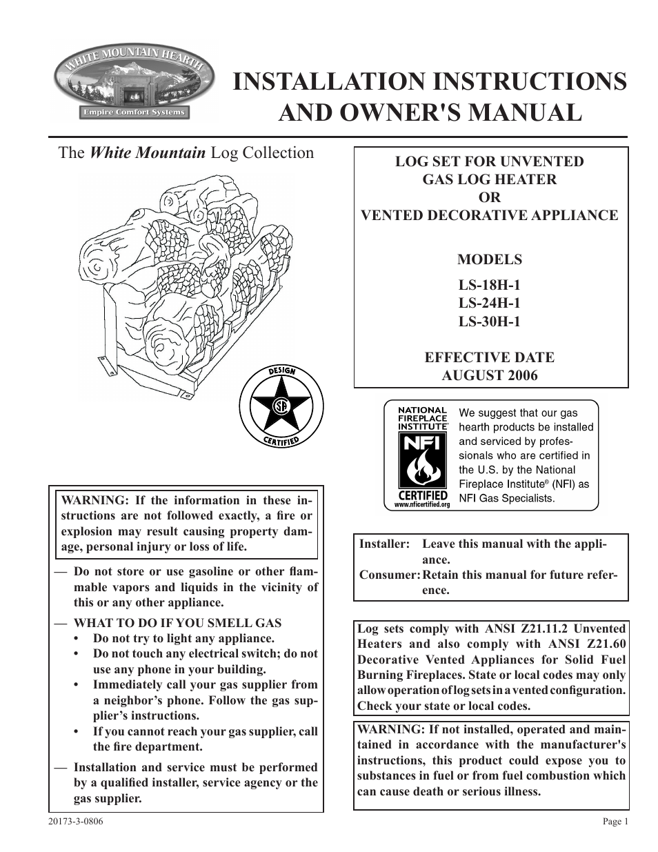 Empire Comfort Systems LS-18H-1 User Manual | 8 pages