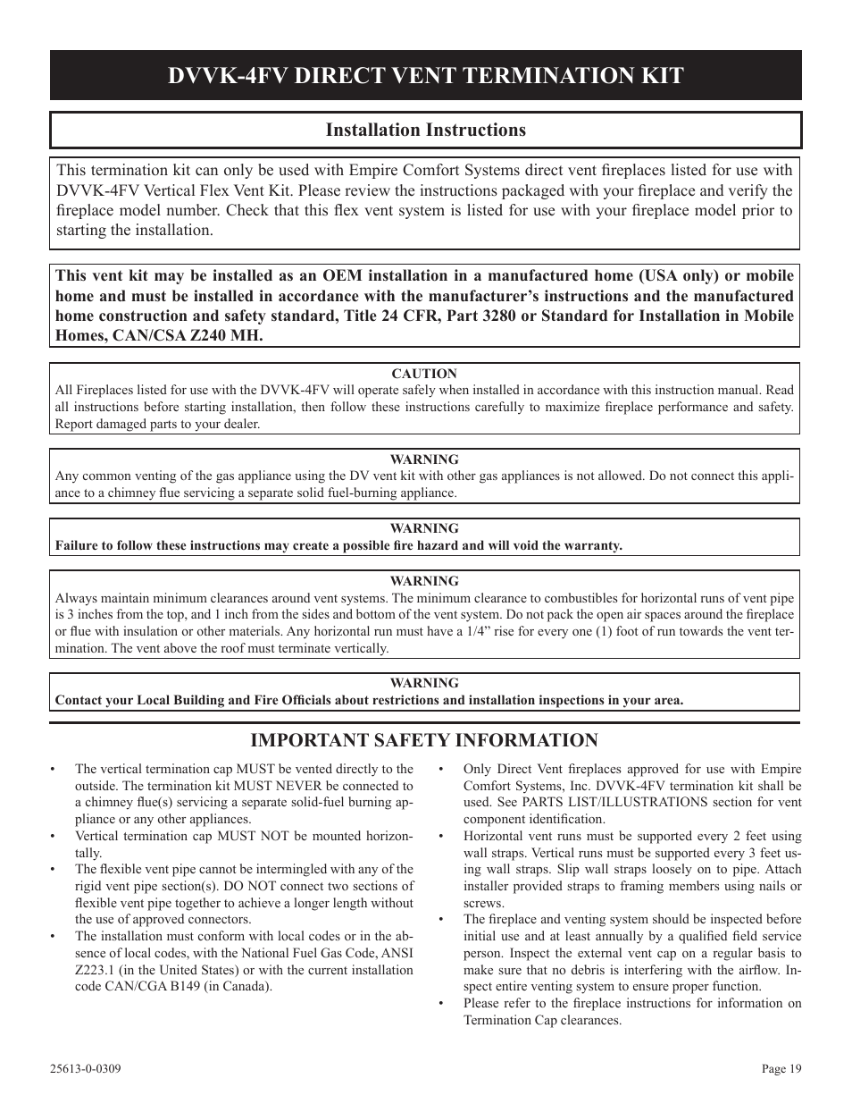 Dvvk-4fv direct vent termination kit, Installation instructions, Important safety information | Empire Comfort Systems DVX36DP31 User Manual | Page 19 / 72